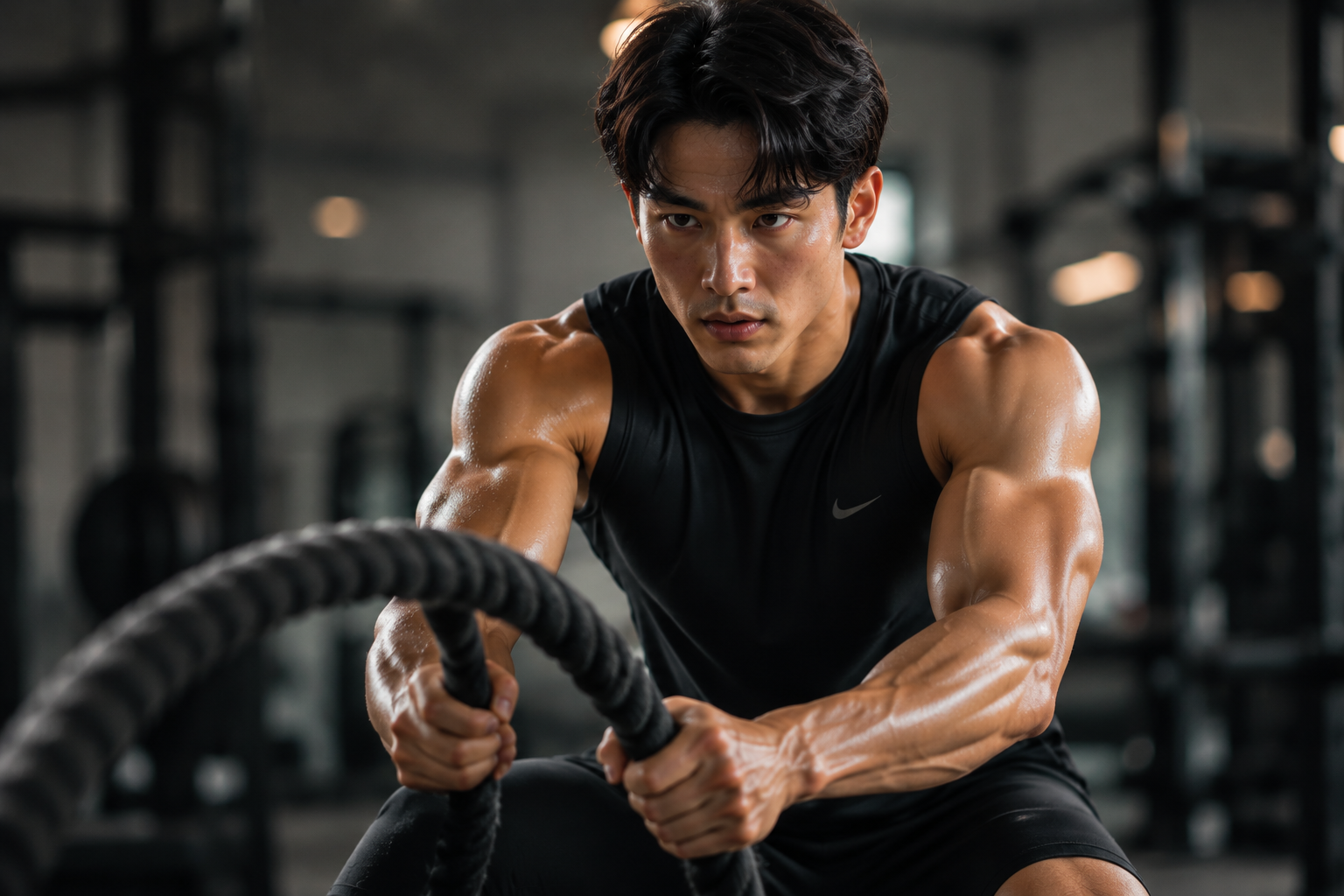 Athlete performing powerful battle rope training